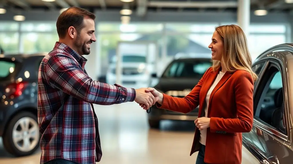 Happy customer receiving car delivery at dealership