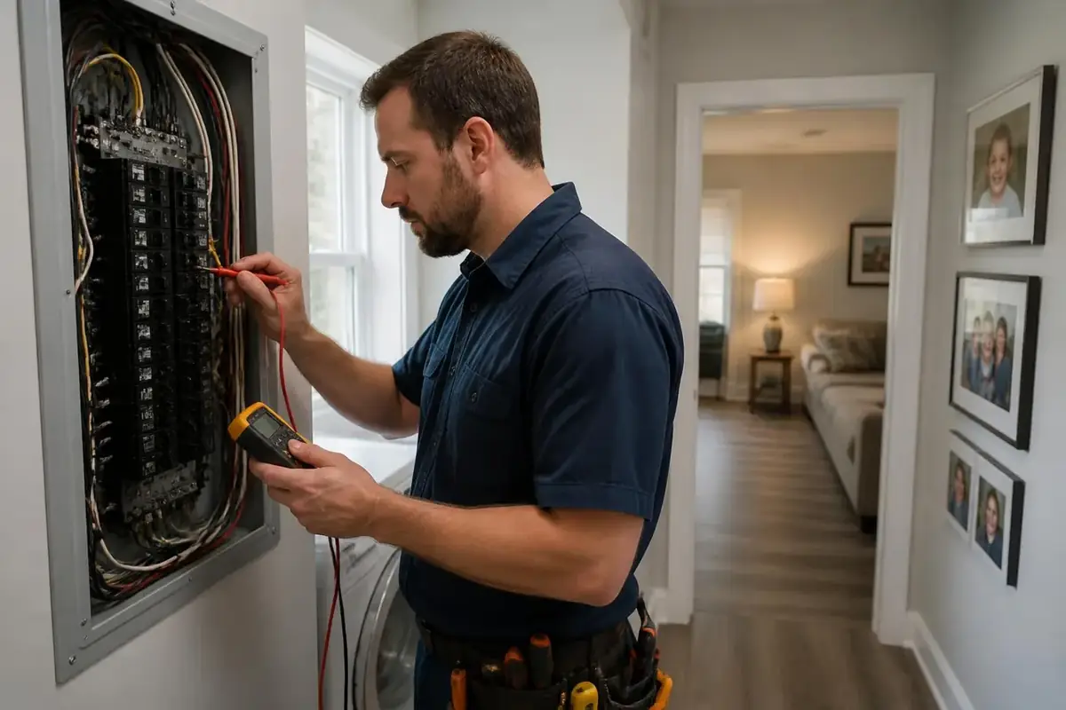 Licensed electrician inside a home testing a residential breaker panel with a multimeter