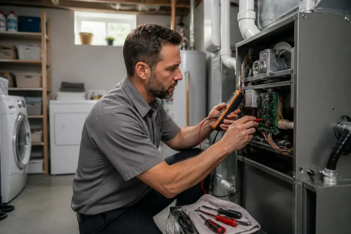 HVAC technician inspecting an open residential furnace with a multimeter in a home basement utility room