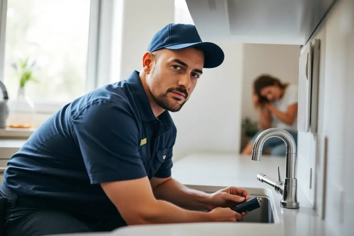 Licensed plumber repairing a residential kitchen sink for a homeowner