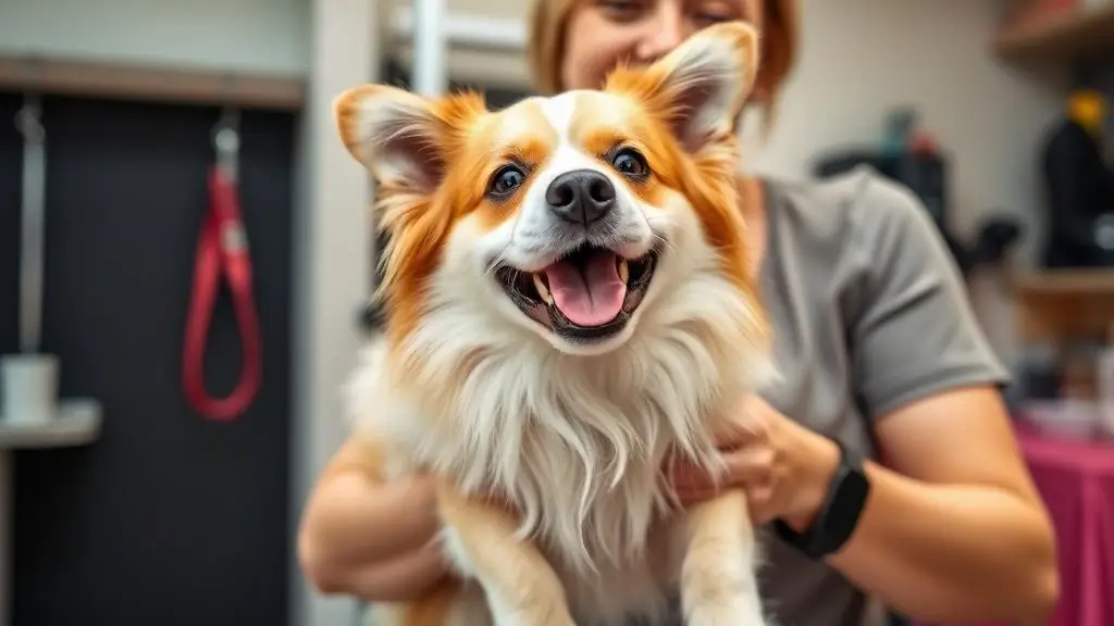 Happy pet parent picking up groomed dog